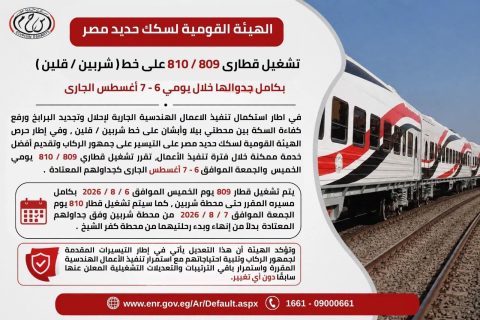 تشغيل قطاري 809 / 810 علي خط( شربين / قلين ) بكامل بجمهورية مصر العربيةجداولها خلال يومي 6 – 7 أغسطس الجاري